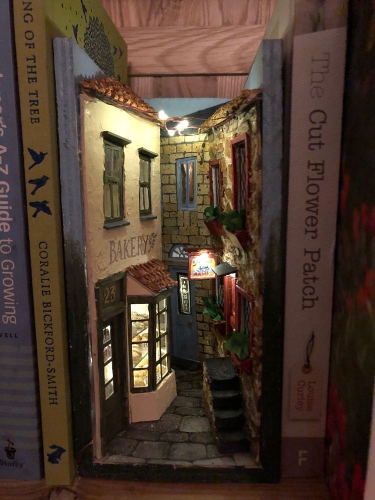Miniature bookcase nook of a street scene